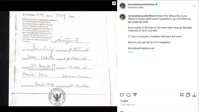 Tamara Bleszynski Spill Isi Surat Wasiat Peninggalan Sang Ayah: Ini Bukan Abal-Abal Seperti Gugatanmu. (instagram.com/tamarableszynskiofficial)