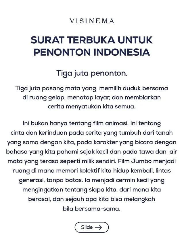 Surat terbuka Angga Dwimas Sasongko soal film Jumbo. (Foto: Dok. Instagram @visinemaid)