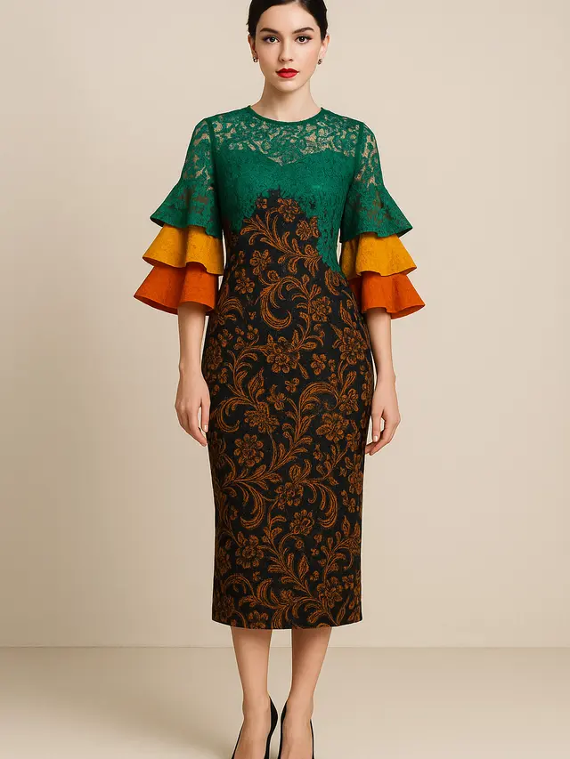 Model Batik Brokat Kombinasi Lengan Tiga Lapis