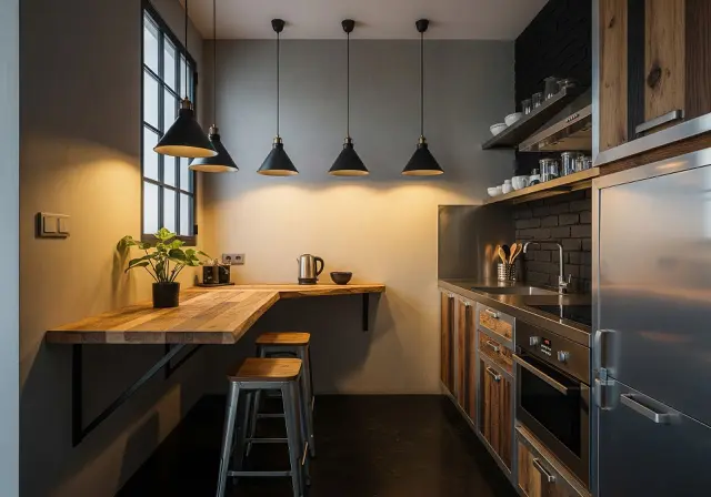 Dapur Industrial Modern dengan Meja Sudut Trapesium/dapur rumah 3x2 meter dengan kombinasi ruang makan kecil (Sumber: gemini.com)
