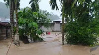 Hujan yang mengguyur Gorontalo sejak kemarin membuat tanggul Sungai Taludaa jebol. Akibatnya satu desa di wilayah tersebut diterjang banjir parah. (Liputan6.com/ Arfandi Ibrahim)