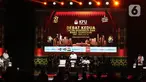 Para calon gubernur DKI Jakarta Ridwan Kamil, Dharma Pongrekun dan Pramono Anung (berdiri dari kiri ke kanan) saat debat kedua Pemilihan Gubernur DKI Jakarta pada Pemilihan Kepala Daerah (Pilkada) Serentak 2024 di Beach City International Stadium, kawasan wisata Ancol, Jakarta Utara, Minggu (27/10/2024). (Liputan6.com/Angga Yuniar)
