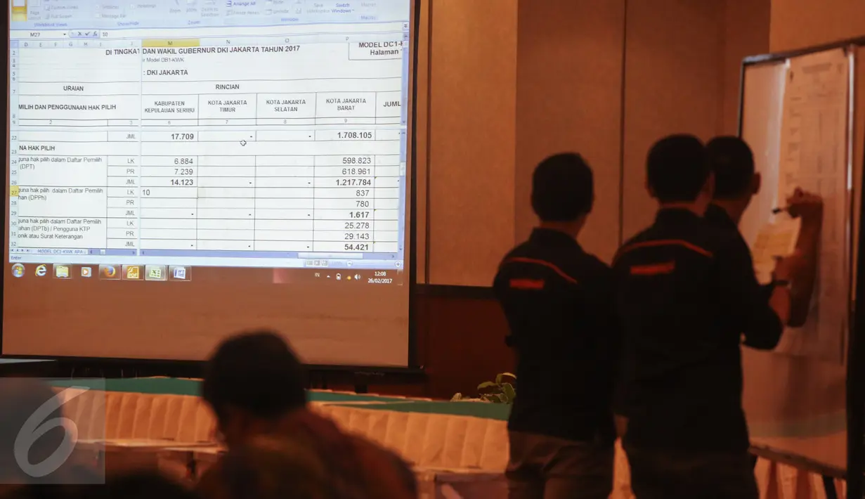 Data yang ditampilkan saat rekapitulasi penghitungan sura tingkat provinsi Pilkada DKI Jakarta di Grand Sahid, Jakarta, Minggu (26/2). Nantinya Jika rekapitulasi di tingkat provinsi selesai pada 27 Februari. (Liputan.com/Faizal Fanani)