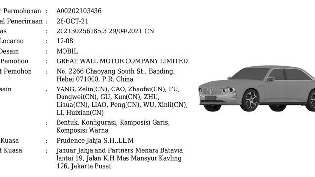 Paten mobil sedan WEY (DJKI Kemenkumham)