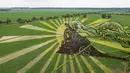 Foto udara gambar kereta api yang dibuat dengan menggunakan varietas padi yang berbeda terlihat di sebuah sawah di Shenyang, provinsi Liaoning, China, 24 Juni 2020. Saat ini pembuatan karya lukis di sawah sudah menjadi tradisi para petani di daerah tersebut. (STR/AFP)