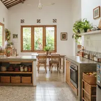 Desain dapur yang tidak terasa pengap dan cocok sebagai ide penataan yang bikin ruangan terasa lebih lega (AI generated)