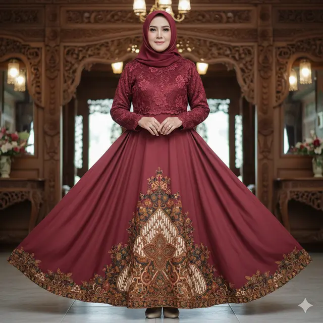 Gamis Batik Brokat Warna Maroon untuk Ibu 50 Tahun (Foto: Gemini AI)