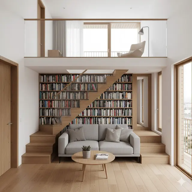 Model Rumah Kecil Mezzanine dengan Rak Tangga Multifungsi