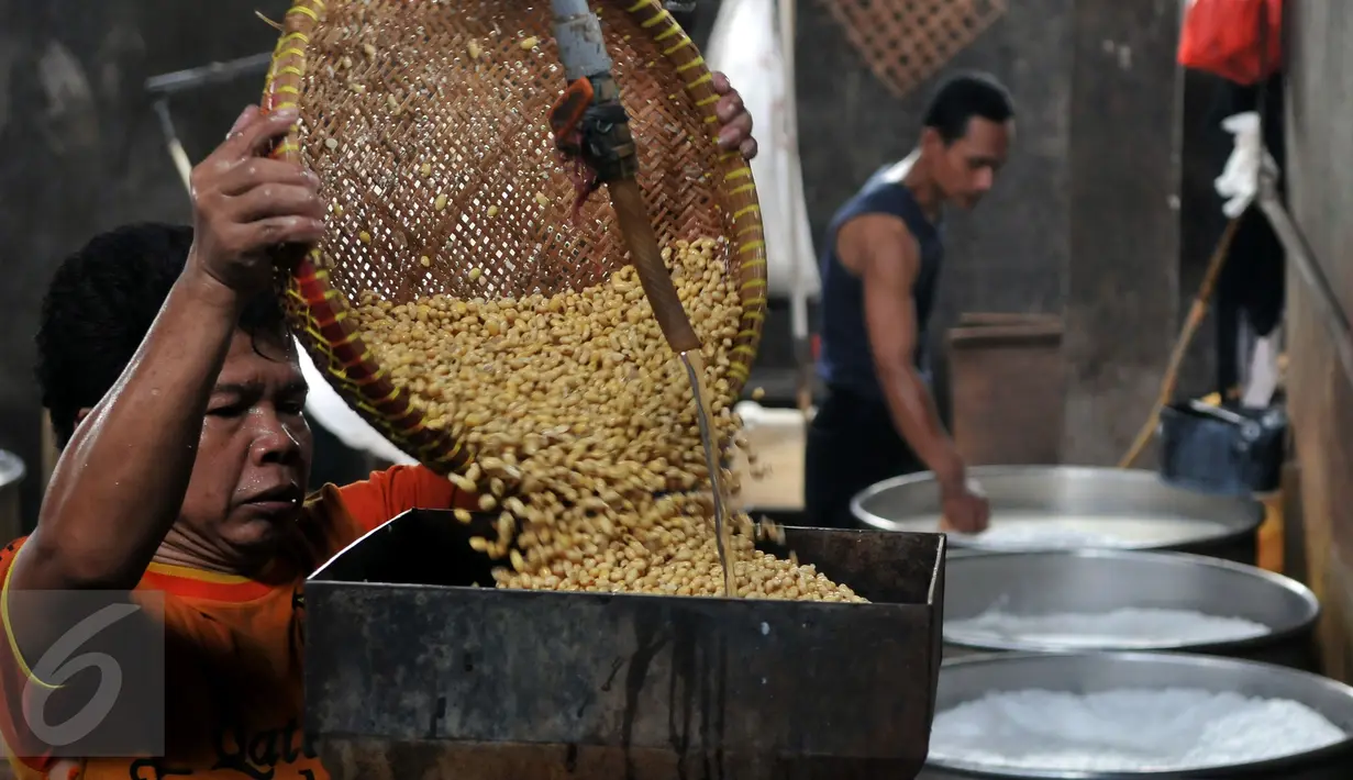 Perajin mengolah kedelai untuk dijadikan tahu di industri rumahan di Jakarta, Selasa (10/11). Menurunnya daya beli masyarakat menyebabkan sejumlah rumah produksi tahu menurunkan produksinya dari 100 kg/hari menjadi 70 kg/hari. (Liputan6.com/Johan Tallo)