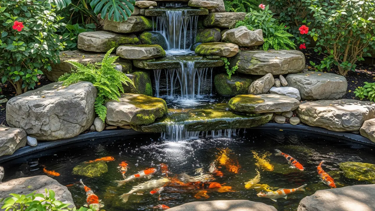 Kolam Ikan Batu Alam dengan Air Terjun Bertingkat