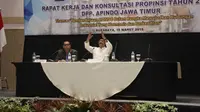 Cagub Jatim Syaifullah Yusuf berbicara di depan pengusaha. (Dian Kurniawan/Liputan6.com)