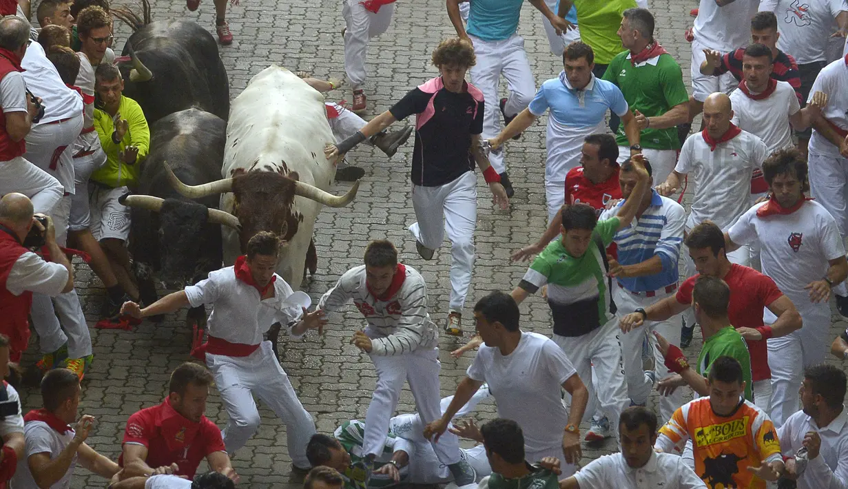 Para peserta berhamburan menyelamatkan diri dari serbuan banteng yang berlari liar di tengah kota saat Festival San Fermin Pamplona, Spanyol, Selasa (7/7/2015). (Reuters/ Vincent West)