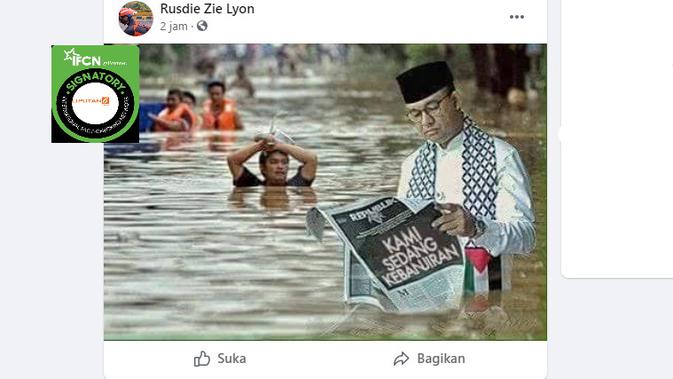 Cek Fakta Liputan6.com menelusuri foto Anies Baswedan membaca koran dalam banjir