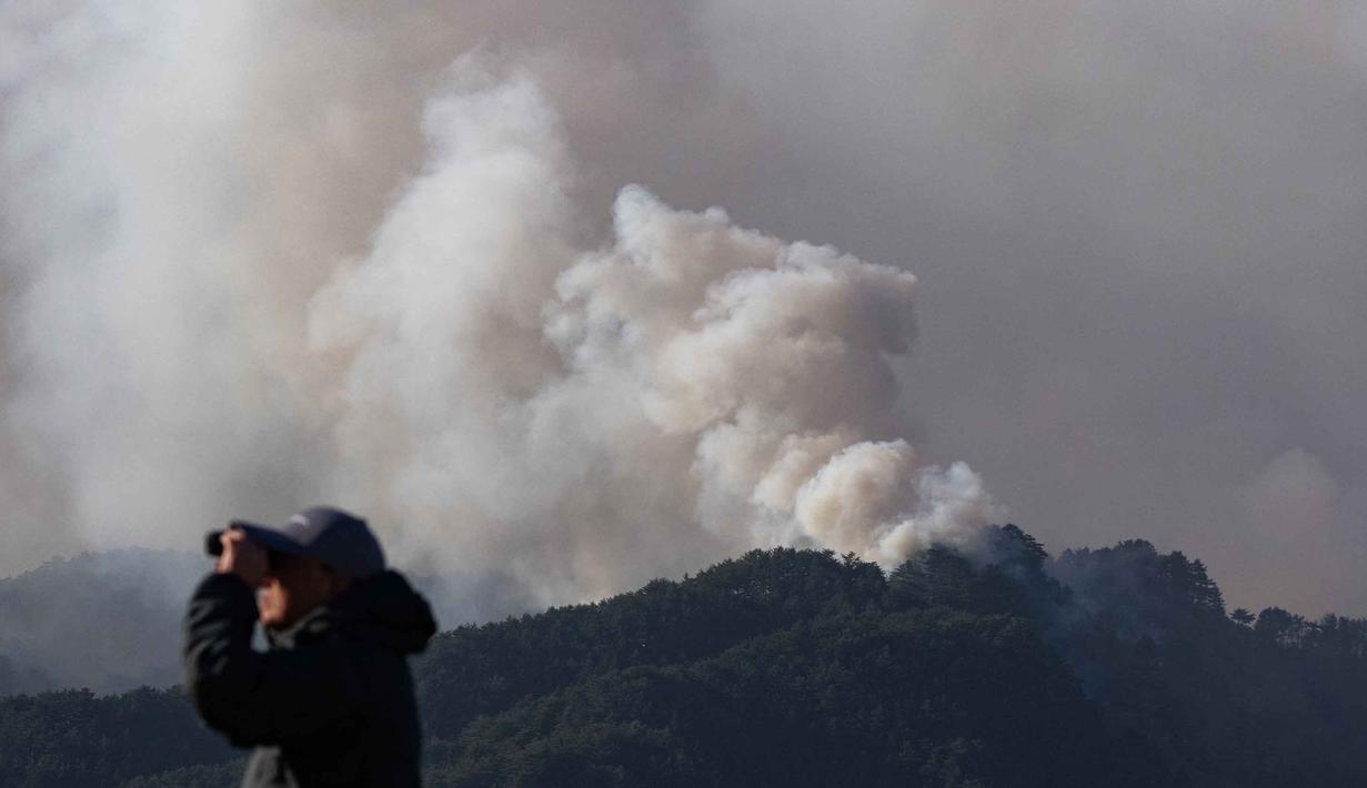 Kebakaran hutan yang terjadi sejak Rabu 22 April 2026, menghanguskan lebih dari 1.100 hektar lahan dan memaksa ribuan warga mengungsi. Tampak dalam foto, seorang pria menggunakan teropong untuk melihat berbagai bagian kebakaran yang terjadi di sekitar kota Otsuchi, Prefektur Iwate, Jepang pada Sabtu 25 April 2026. (ANDREW CABALLERO-REYNOLDS/AFP)