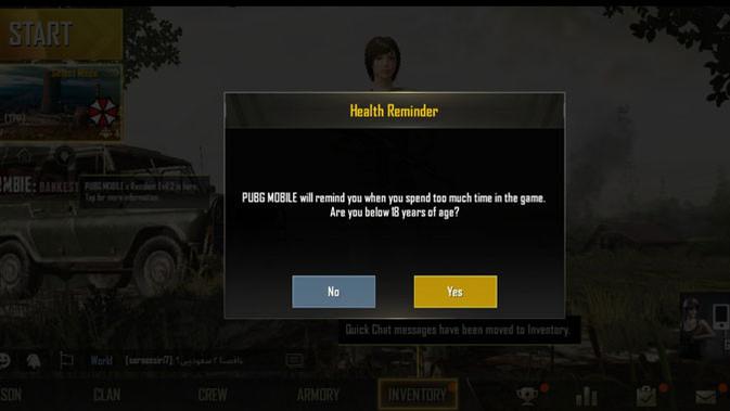 Fitur notifikasi tentang kesehatan dan waktu maksimal bermain gim PUBG Mobile akhirnya resmi muncul di Indonesia. (Doc: PUBG Mobile)