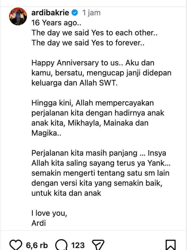 Unggahan Ardi Bakrie. (Foto: Dok. Instagram @ardibakrie)