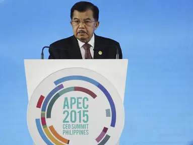 Wakil Presiden Indonesia Jusuf Kalla saat berpidato pada pertemuan Konferensi Tingkat Tinggi (KTT) Tahunan Forum Kerja Sama Ekonomi Asia Pasifik (APEC) di Manila, Filipina, Rabu (18/11/2015) . (REUTERS/Aaron Favila)  