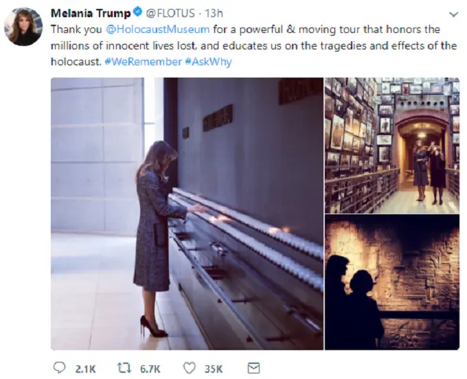 Melania Trump mengunjungi Museum Holocaust pada Kamis, 25 Januari 2018. Ia pergi seorang diri, tanpa ditemani sang suami. Saat itu, Donald Trump sedang berada di Davos, Swiss, untuk menghadiri World Economic Forum 2018.