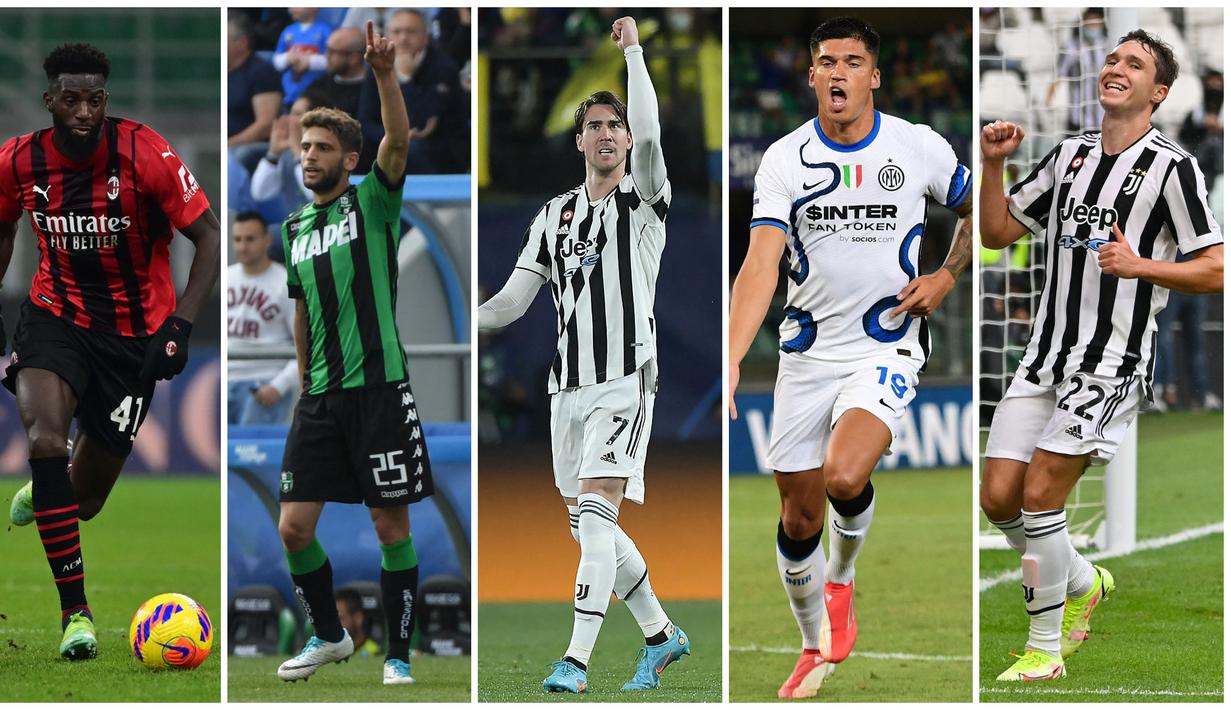 Foto kolase dari pemain top Serie A Liga Italia (ki-ka), Tiemoue Bakayoko, Domenico Berardi, Dusan Vlahovic, Joaquin Correa, dan Federico Chiesa saat memakai nomor punggung lama mereka. (Foto-foto: AFP)