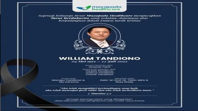 Dirut PT Maha Properti Tbk William Tandiono meninggal dunia, 23 Juli 2022 (Dok: IG Mayapada Hospital)