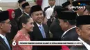 Selesai acara pelantikan, Prabowo Subianto menyalami seluruh figur yang telah resmi mengemban tugas mulai hari ini. Raffi Ahmad yang didampingi Nagita Slavina secara hormat menyalami Presiden RI ke-8 tersebut. Pasangan artis yang baru merayakan anniversary satu dekade pernikahan itu tampak tersenyum penuh bahagia. (Liputan6.com/YouTube/Liputan6)