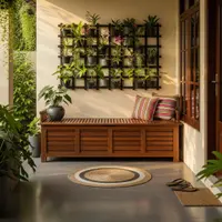 Teras Depan Rumah Sempit Budget Terbatas dengan Bangku Kayu Panjang untuk Ruang Penyimpanan/Gemini AI