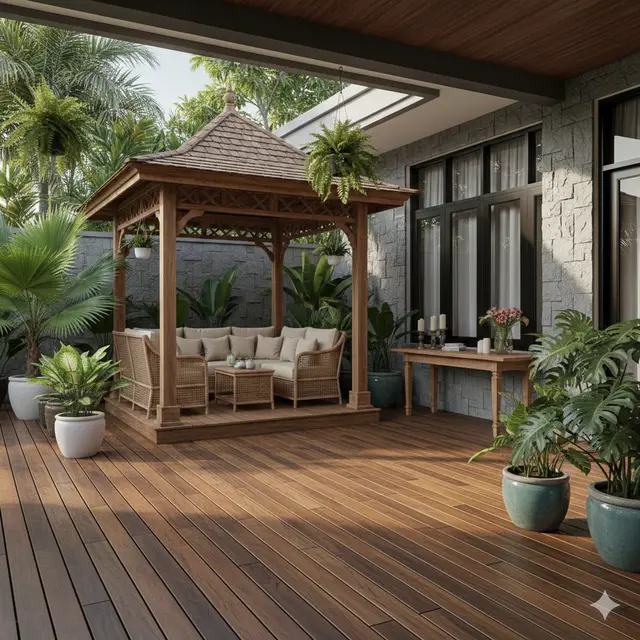 Teras Rumah 6x9 dengan Gazebo Kayu dan Tanaman Tropis (Foto: Gemini AI)