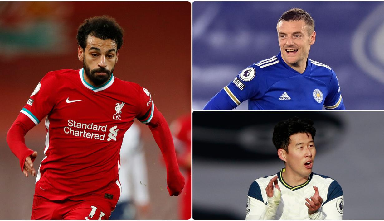 Penyerang Liverpool, Mohamed Salah, masih memuncaki daftar top skor sementara Liga Inggris 2020/2021 hingga pekan ke-17. Pemain asal Mesir ini telah mencetak 13 gol unggul satu gol dari pemain Tottenham, Son Heung-min. Berikut daftar top skor sementara Liga Inggris. (kolase foto AFP)