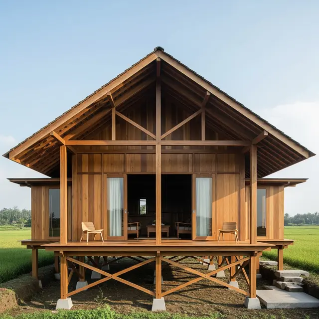 Desain Rumah Minimalis di Desa dengan Atap Limasan dan Sentuhan Kayu Alami