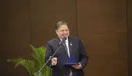 Menteri Koordinator Bidang Perekonomian Airlangga Hartarto saat menyampaikan remarks pada acara High-Level Dialogue on Sustainable Transport in ASEAN di Jakarta, Senin (4/09).