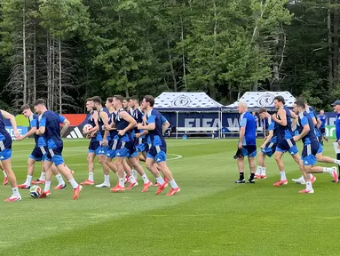 Pemain Timnas Skotlandia menjalani sesi latihan di New England Revolution Training Center, Boston, Amerika Serikat, Kamis (18/6/2026). Sejumlah pemain bintang seperti Andy Robertson, Scott McTominay, dan John McGinn, tampak berlatih serius sebagai persiapan menghadapi laga lanjutan Grup C Piala Dunia 2026. (KLY Sports/Hery Kurniawan)