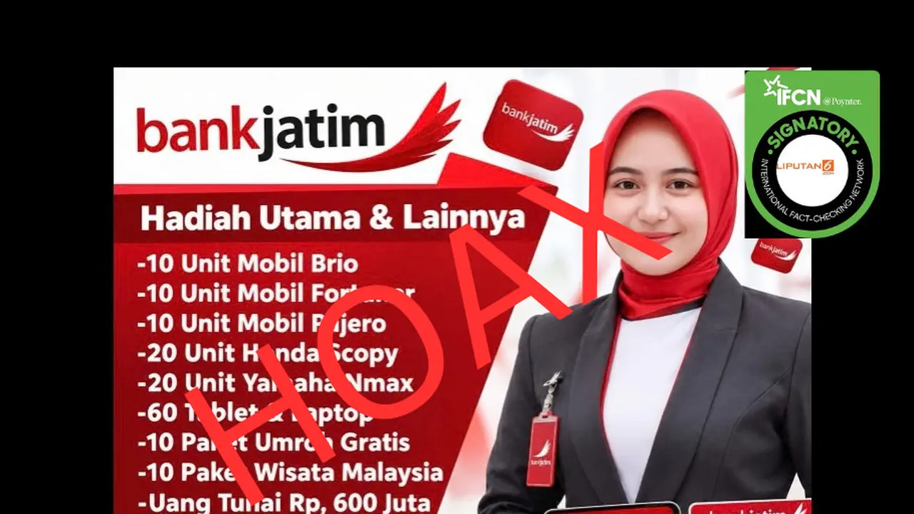 Cek Fakta Liputan6.com menemukan klaim Bank Jatim memberi undian berhadiah berupa mobil, motor hingga emas