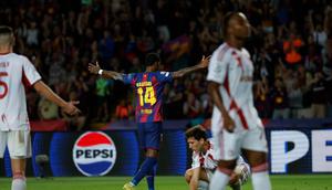 Selebrasi pemain Barcelona, Marcus Rashford usai mencetak gol ke gawang Olympiakos di Liga Champions 2025-2026, 22 Oktober 2025. (AP Photo/Joan Monfort)