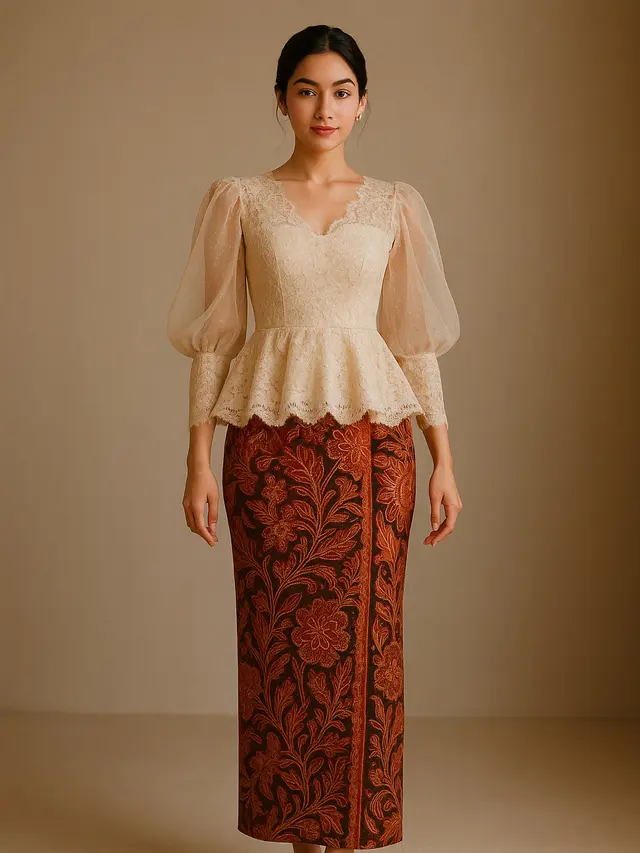 Dress Batik Kombinasi Brokat Lengan Balon