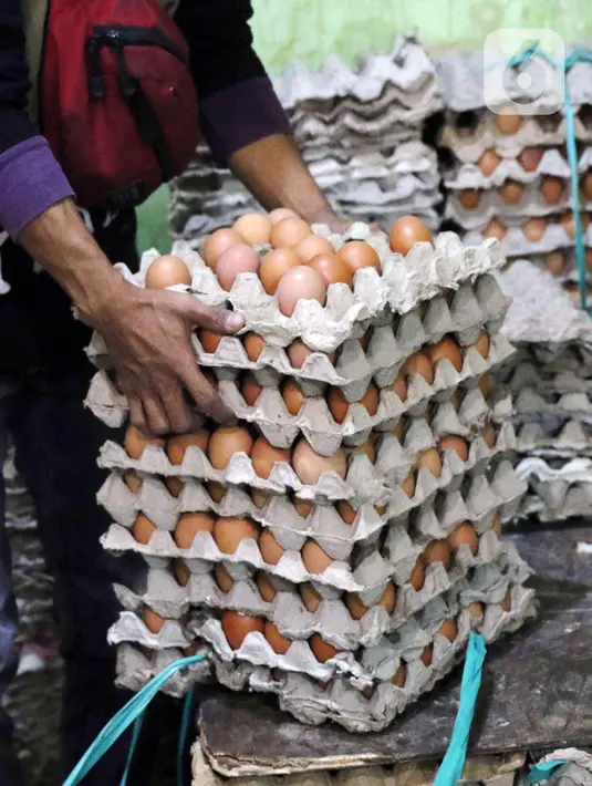 Pedagang menata telur ayam dagangannya di Pasar Kelapa Dua, Kabupaten Tangerang, Banten, Rabu (29/12/2021). Jelang pergantian tahun, harga telur ayam mencapai Rp 30.000 per kg. (Liputan6.com/Angga Yuniar)