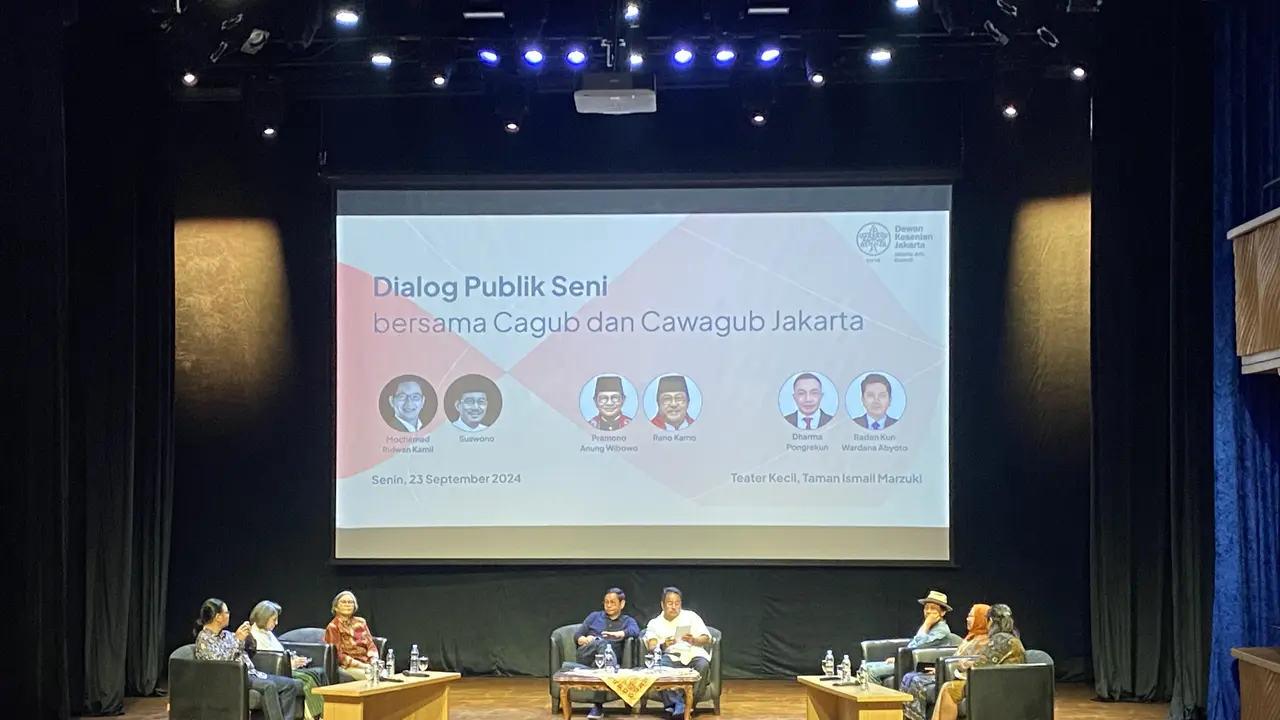 Calon gubernur dan wakil gubernur Jakarta Pramono Anung dan Rano Karno saat menghadiri undangan Dewan Kesenian Jakarta (DKJ) dalam acara Dialog Publik Seni di Taman Ismail Marzuki (TIM), pada Senin (23/09/24).