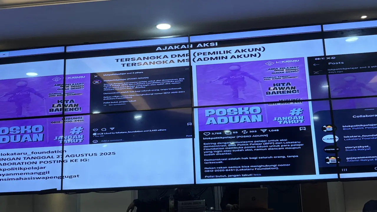 Pihak Polda Metro Jaya memperlihatkan unggahan Direktur Lokataru Foundation, Delpedro Marhaen, yang diduga untuk menghasut terjadinya kerusuhan di depan gedung DPR.