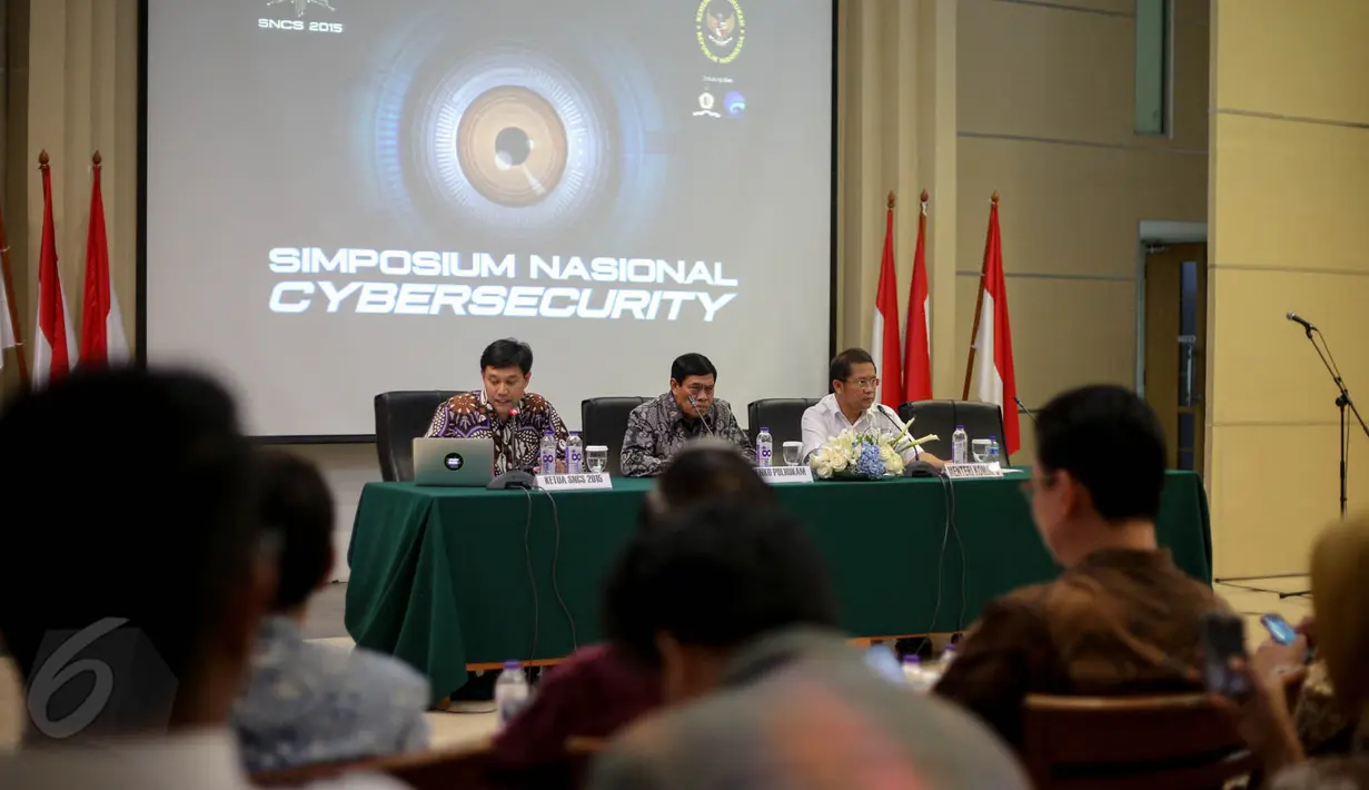 Suasana konferensi pers terkait pelaksanaan acara simposium Cyber Security di Gedung Serbaguna Menkominfo, Jakarta, Kamis (28/5/2015). (Liputan6.com/Faizal Fanani)