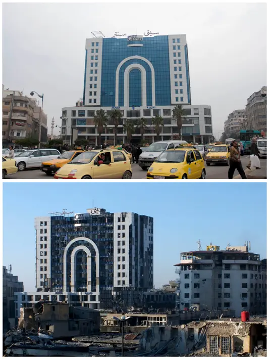 Sebuah foto kombinasi menunjukkan bangunan di Pusat Kota Homs, pada 16 Desember 2007 (atas)  dan  kondisi sekarang berubah drastis selama konflik di Suriah, pada 8 Februari 2014. (REUTERS/Omar Sanadiki&Yazen Homsy)