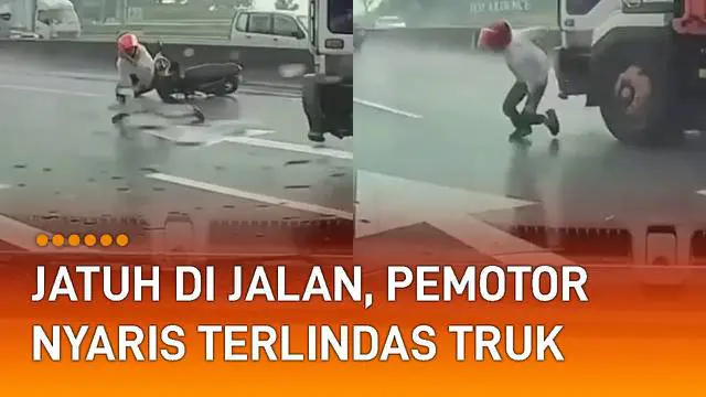 Sebuah insiden mengerikan dialami oleh seorang pria pengendara motor yang tergelincir di jalan.