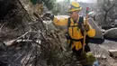 Frankie Aguirre, petugas Dinas Pemadam Kebakaran Hutan dari San Diego County membersihkan semak-semak di lokasi kebakaran Dataran Tinggi di Aguanga, California, pada Selasa, 31 Oktober 2023. (AP Photo/Marcio Jose Sanchez)