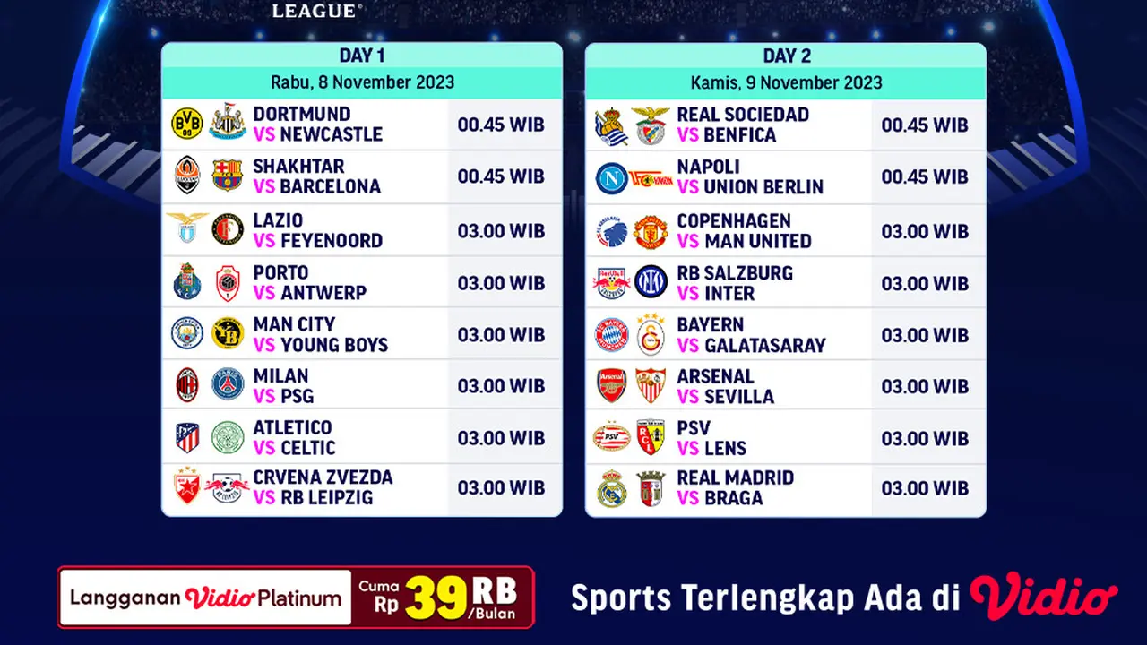 Jadwal dan Link Siaran Langsung Liga Champions 2023/2024 Week 4