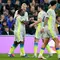 Selebrasi pemain Manchester City usai gol Jeremy Doku ke gawang Everton di Liga Inggris, 5 Mei 2026. (AP Photo/Dave Thompson)