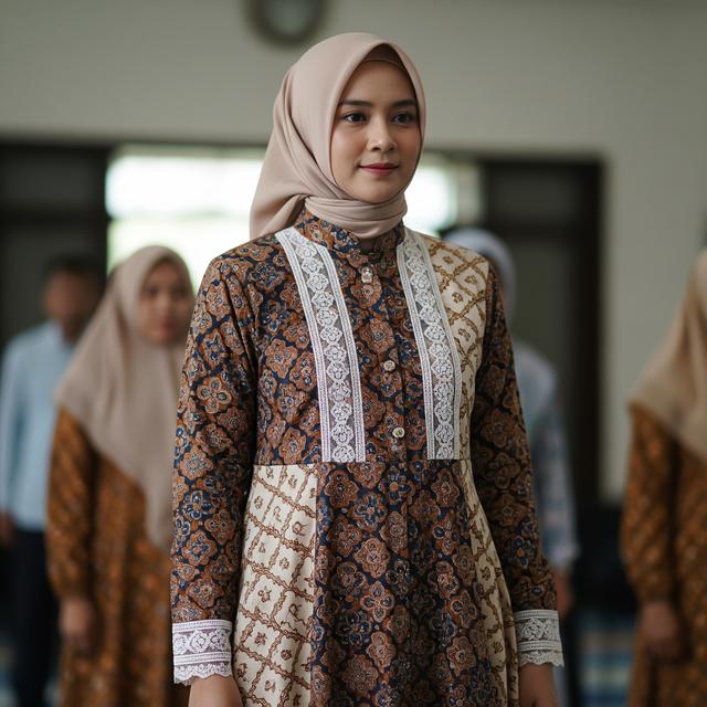 5. Gamis Batik Kombinasi Brokat Sederhana