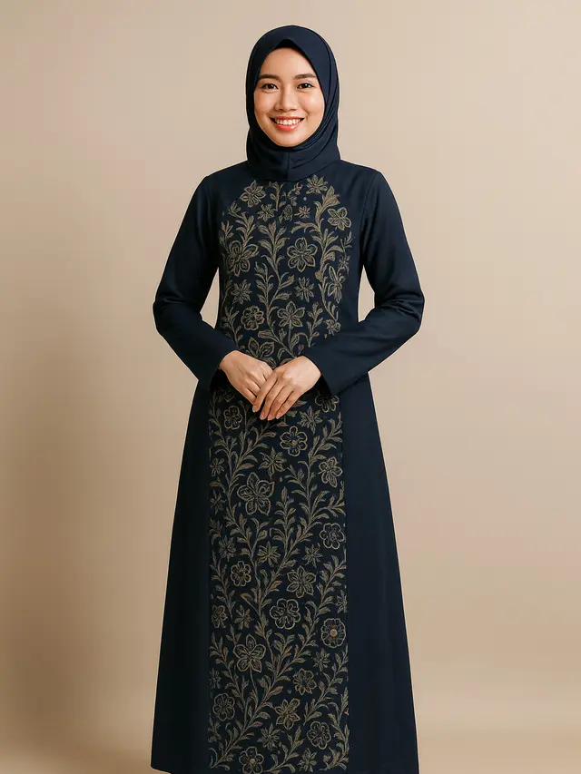 Dress Batik Kombinasi Kain Polos Warna Biru dan Hitam Modern/Ilustrasi AI