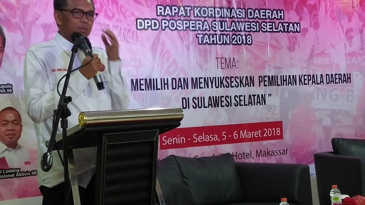 Cagub Sulsel Nurdin Abdullah hadiri rakorda DPD Pospera di Makassar (Liputan6.com/ Eka Hakim)