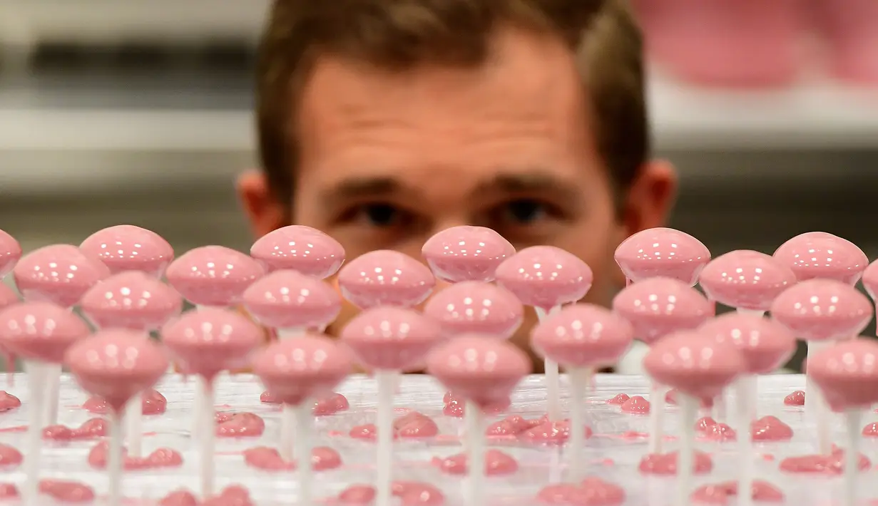 Cokelat berwana pink tanpa pewarna buatan bernama cokelat Ruby ketika diperkenalkan ke publik di pabrik Barry Callebaut, Belgia, Senin (18/9). Cokelat pink ini adalah penemuan baru setelah cokelat susu berwarna cokelat dan putih. (EMMANUEL DUNAND/AFP)