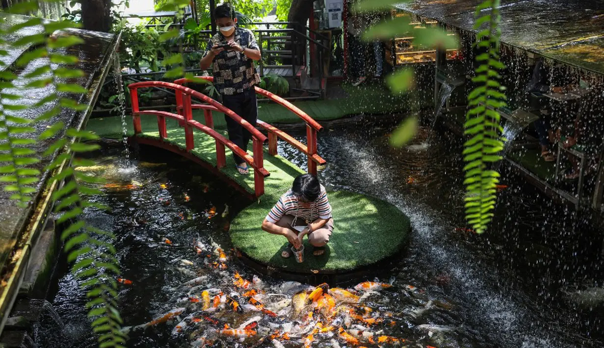 Seorang wanita memberi makan ikan mas di restoran bertema ikan di Chiang Mai, Thailand, Selasa (12/4/2022). (Jack TAYLOR/AFP)