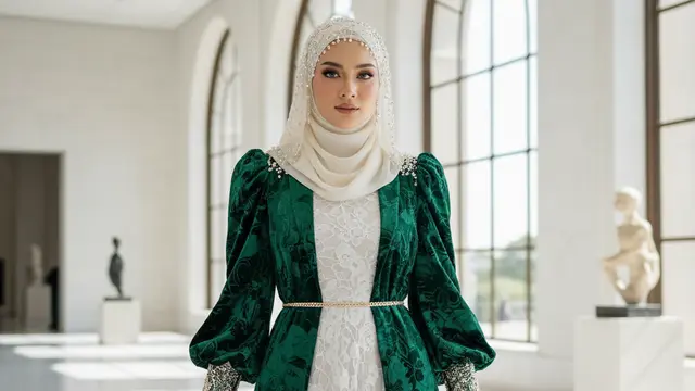 Gamis Blazer Brokat dan Hijab Chiffon yang Dihiasi dengan Hiasan Lainnya