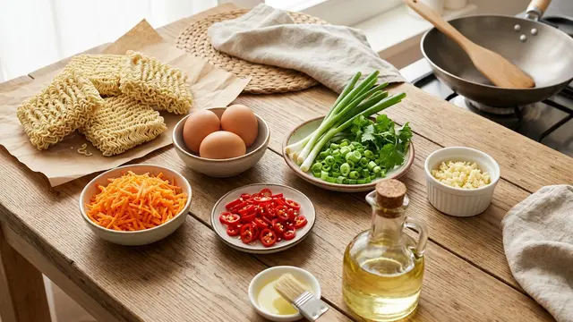 ilustrasi Resep telur dadar isi mi instan dan daun bawang